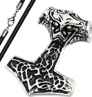 Produktbild von Anhänger Edelstahl Halskette Lederkette Kugelkette Gothic Thors Hammer Herren Damen anhänger-lederkette
