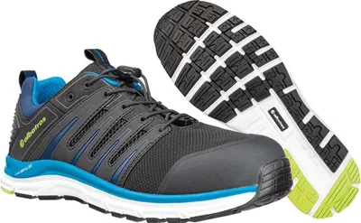 A pair of athletic-style safety shoes, one shown from the side and the other from the sole.