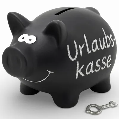 Produktbild von Sparschwein aus Keramik – Sparbüchse mit beschreibbarer Oberfläche – Verschluss mit Schlüssel – Kreide für Beschriftungen – 16 x 12 cm – Schwarz