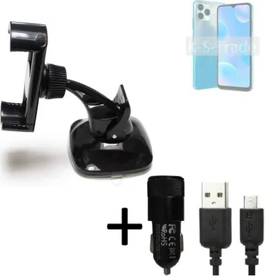 Produktbild von K-S-Trade Halterung kompatibel mit Blackview A95 Windschutzscheibe / Armaturenbrett + LADEGERÄT mit Mico USB Kabel Autohalterung KFZ Halter