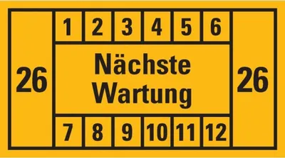Produktbild von Dreifke® Prüfplakette Nächste Wartung 26, gelb, Dokumentenfolie, 45x25mm, 12 ...