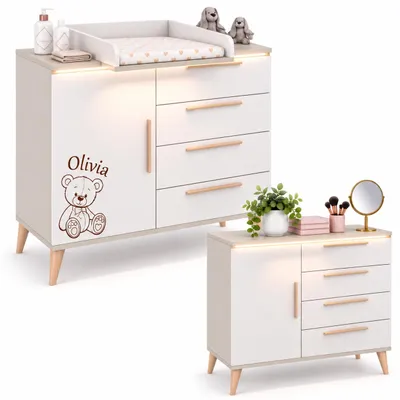 Produktbild von Wickelkommode mit Wickelaufsatz, Babykommode Kinderkommode mit 4 Schubladen und 1 Tür mit LED, HANA FLIP Kaschmir/Weiß Matt, 100 cm