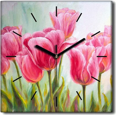 Produktbild von Coloray Uhr auf Leinwand 30x30 cm Wand Uhr Dekoration Wohnzimmer Segeltuch schwarze Hände -Tulpenblumen