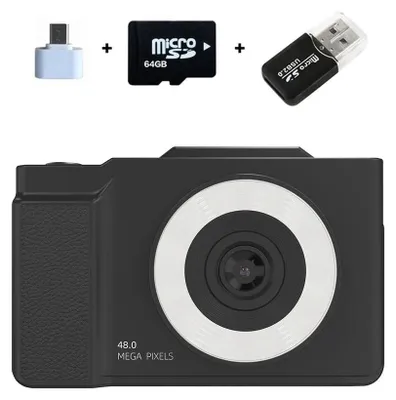 Produktbild von Kinderkamera - Digitale Spielzeugkamera 1080p - Klapp- und Drehdisplay - 3-farbiges Fülllicht - CCD-Sensor - 64 GB SD-Karte - Schwarz