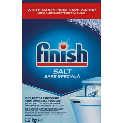 A product shot of Finish dishwasher salt packaging.
