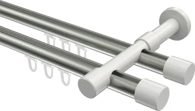 Produktbild von Interdeco Innenlaufstange / Gardinenstange mit Innenlauf Edelstahl-Optik / Weiß, Typ Prestige Santo (Kappe), 20 mm Ø 2-läufig, 140 cm