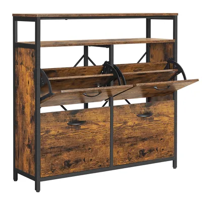 A vintage-style shoe cabinet with multiple flip-out compartments and drawers.