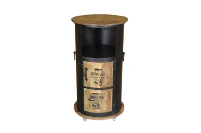 A cylindrical bar cabinet with a wooden top and two drawers with rustic labels.