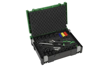A tool kit with sockets and a torque wrench inside a green and black case.