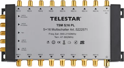 Obrázok produktu pre Telestar TSM 5/16 PL, rozdeľovač káblov, 950 - 2150 MHz, Čierna, Strieborná, 35 dB, 1 kusov, F