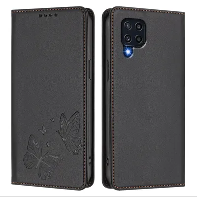 Produktbild von Lederhülle für Samsung Galaxy M32 4G, Schmetterling Prägung Leder Brieftasche Schutzhülle mit Ständer Schwarz