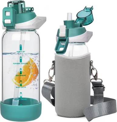 Obrázek produktu pro Skleněná láhev o objemu 600 ml, s brčkem, s časovými značkami, spolehlivá, vhodná pro sport