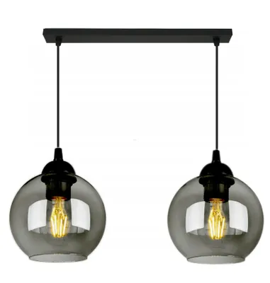 A product shot of a black and gray pendant light fixture with two glass globes.