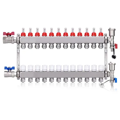 Produktbild von 12 Heizkreise Edelstahl-Heizkreisverteiler Fußbodenheizung Verteiler Systemverteiler, 16mm Klemmverschraubung/Entlüfter/1" Kugelhähne, Festwertregelse