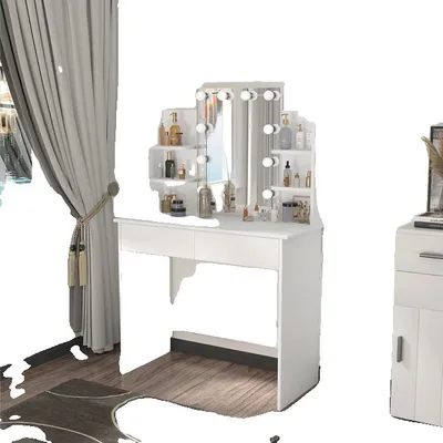Image de Coiffeuse, miroir LED, 2 tiroirs, blanc