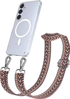 Produktbild von EAZY CASE - Handykette mit MagSafe Hülle für Samsung Galaxy S25 Plus, Handyband ZigZag Style,Karabiner Silber, Umhängeband in Dunkelrot