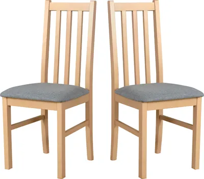 Two wooden chairs with gray upholstered seats are shown against a white background.