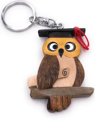 Image de Onwomania Porte-clés bois hibou oiseau hibou malin chapeau de docteur diplôme école pendentif breloque