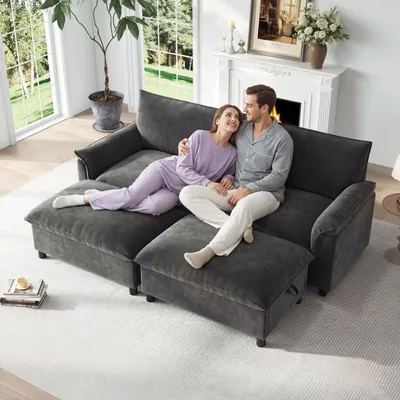 Zdjęcie produktu dla Sofa Merax Cloud, 4-osobowe, modułowe narożnik z funkcją spania, 2 pufy z miejscem do przechowywania, sofa z tkaniny chenille, duża sofa do salonu, kanapa, kolor: szary