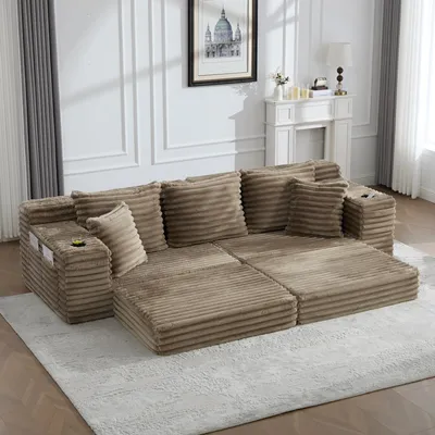 Produktbild von Cordstoff-Kompressionssofa mit hoher Rückenlehne und Zusatzkissen, beidseitigen Taschen und Getränkehaltern, frei kombinierbar als Schlafsofa, Khaki