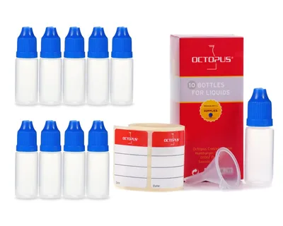 Image de 10 flacons en plastique 10 ml LDPE, G14, compte-gouttes, bouchon bleu, 1 mini-entonnoir