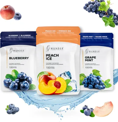 Produktbild von Wunder Zahnstocher mit Geschmack - 3er Pack Fruit Crush - 3x 100 Stück - Nachfüllbeutel - Blaubeere Pfirsich Ice Traube Minze - frischer Atem - vegan