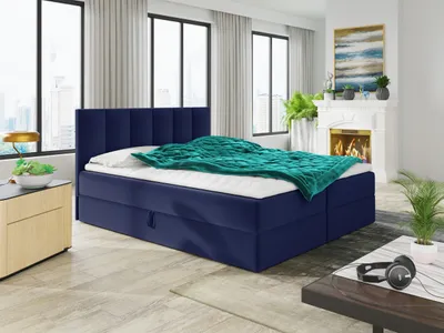 Produktbild von Boxspringbett Star mit Topper, Bonell-Matratze und 2 Bettkästen, Doppelbett, Polsterbett, Bett (Dunkelblau (Kronos 09), 140 x 200 cm)