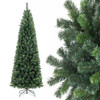 A full shot of a slim artificial Christmas tree on the left, and a close-up of its branches on the right, both against a white background.