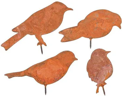 Image de Ensemble de 4 oiseaux de jardin - Décoration en métal - Oiseaux effet rouille - Décoration d'extérieur pour le jardin - Décoration de jardin vintage - Acier résistant