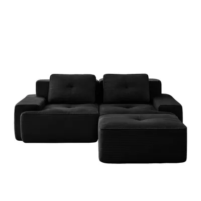 Image de Boneless Canapé modulaire, Canapé modulaire moderne en forme de L, Canapé cloud confortable en velours côtelé avec ottoman, Canapé-lit deux places tufté, Noir