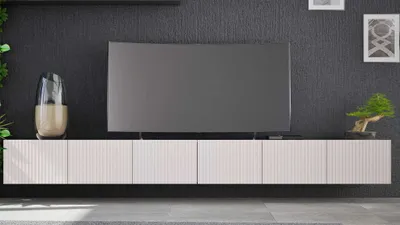 Zdjęcie produktu dla Szafki RTV Wiszące KOLDER 2w1 Szerokość 300 cm Cashmere Ryflowany Front Do Salonu KL-02-CAH