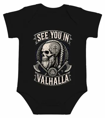 Imagen del producto de Body para bebé, color , con diseño de "Nos vemos en Valhalla", cráneo vikingo, barba, hacha, guerrero, mitología. Talla: 0/3 meses