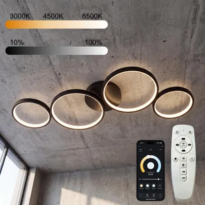 Produktbild von LED Deckenleuchte Modern Schwarz Ø88 cm, 4-Ring Designer Deckenlampe, Stufenlos Dimmbar, 3000–6500K, APP & Fernbedienung, Memory, Nachtlicht, Timer