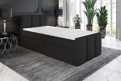 Produktbild von Boxspringbett, Jugendbett MOREN 90x200 (Rechts) mit Bettkästen, Bonell-Matratze und Topper. Farbe: Schwarz.