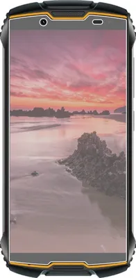 A rugged smartphone with a sunset beach wallpaper displayed on its screen.