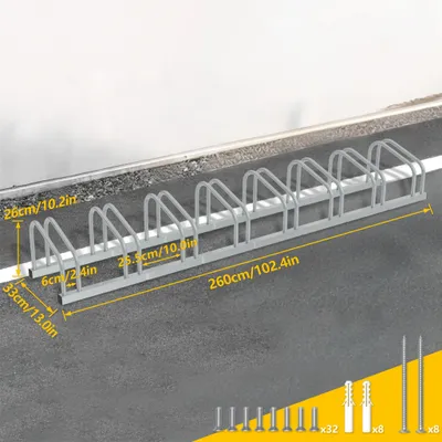 Image de Support à vélos - Fixation au sol ou au mur - Pour 8 vélos - Acier robuste - Adapté aux pneus de 30 à 65 mm - Convient pour garage et extérieur - Couleur : argent