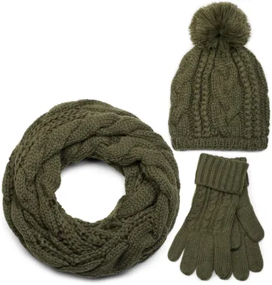 Produktbild von styleBREAKER Schal, Mütze und Handschuh Set, Zopfmuster Strickschal mit Bommelmütze und Handschuhe, Damen 01018208