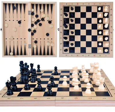Produktbild von Schachspiel Schachbrett Backgammon 3 in 1 Holz Brettspiel Dame Reisespiel 34 x 34 cm mit Kunststofffiguren