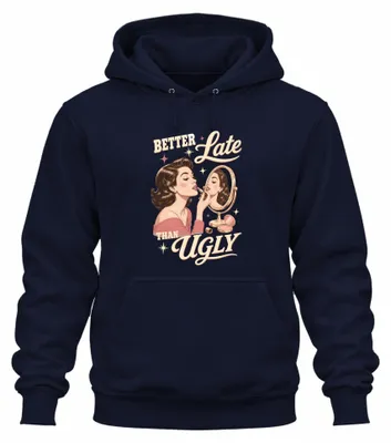 Imagen del producto de "Mejor tarde que mal", sudadera con capucha y estampado sarcástico, color azul marino, talla M