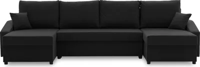 A black sectional sofa is shown from the front against a white background.