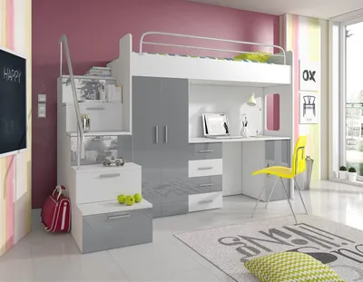 Produktbild von Etagenbett Hochbett mit Schreibtisch Alice Hochglanz weiss - grau