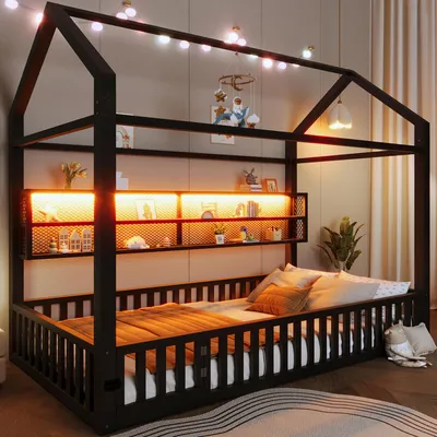 Produktbild von Flieks Kinderbett Hausbett 90x200cm ohne Lattenrost, Spielbett Metallbett mit Led, Bodenbett Einzelbett mit Rausfallschutz, Schwarz
