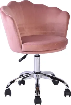 A pink velvet office chair with a shell-shaped back and a chrome base with wheels is shown against a white background.