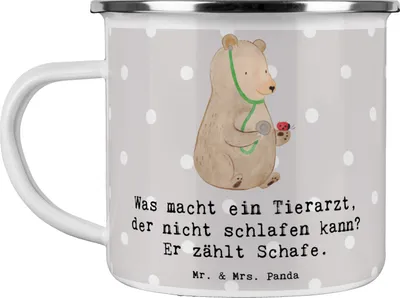 Produktbild von Mr. & Mrs. Panda Emaille Becher Tierarzt Schafzählen - Grau Pastell - Geschenk, Teetasse, Beruf, Tiermedizin, Berufe, Veterinär, Berufsliebe, Berufsalltag, Pott, Tasse