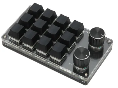 Obrázek produktu pro Mini klávesnice – mechanická klávesnice pro ovládání jednou rukou, kabelová, USB, programovatelná, s makry, 12 kláves, 2 otočné ovladače, RGB podsvícení, modré spínače, univerzální pro PC