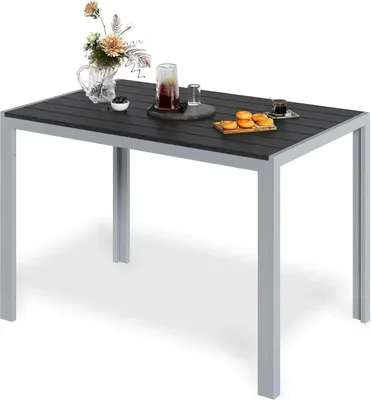 Obrázek produktu pro Zahradní stůl - Venkovní jídelní stůl - Hliníkový rám - Lamelová deska 9,5 × 7 cm - 110 × 70 × 73 cm - Pro 6 osob - Šedá barva