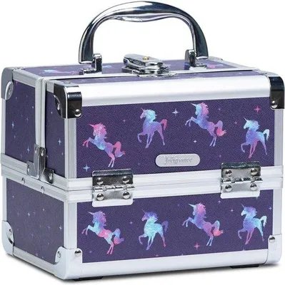 Immagine prodotto di Valigetta da trucco Unyqoos® a forma di unicorno, color lilla, con specchio e 2 scomparti a ribalta, chiudibile a chiave (con chiave inclusa), struttura in alluminio rinforzata, dimensioni 19,5 x 15 x 16 cm