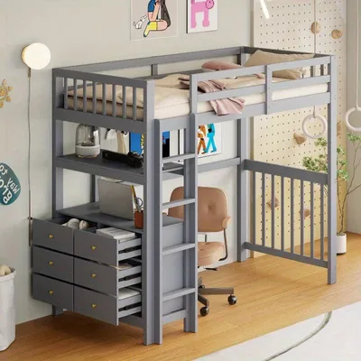 Obrázek produktu pro Postel do výšky s úložnými zásuvkami a žebříkem, šedá barva, rozměry 90x200 cm
