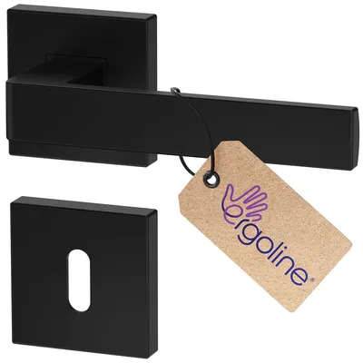 A black door handle set with a key plate and a product tag.