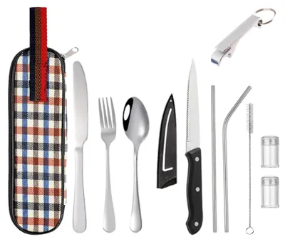 Produktbild von Reisebesteckset Edelstahl Mit Box, 1 Set, Tragbares Wiederverwendbares Campingbesteck Mit Essstäbchen Und Strohhalmen, Für Unterwegs Und Outdoor